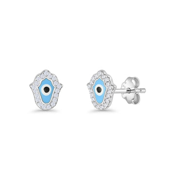 Hamsa Hand Evil Eye Stud Earrings Cubic Zirconia 925 Sterling Silver Wholesale